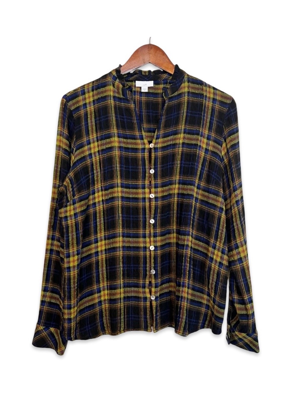 J. Jill plaid button down ruffle neck blouse Size M Cabincore Cozy Gauzy Loose